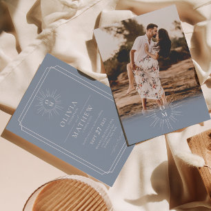 Dusty Blue Mid Century 70s Monogram Foto Wedding Kaart