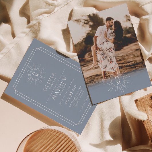 Dusty Blue Mid Century 70s Monogram Foto Wedding Kaart