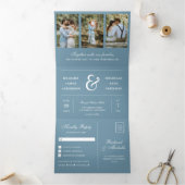 Dusty Blue Minimal 3 in 1 Photo Collage Wedding Drieluik Uitnodiging (Binnen)