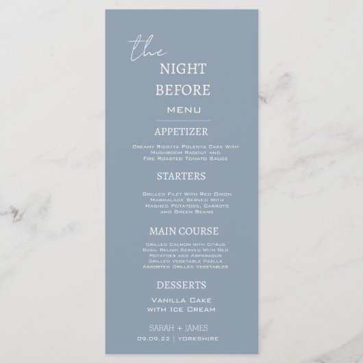 Dusty Blue Minimal diner de avond ervoor Menu (Voorkant)