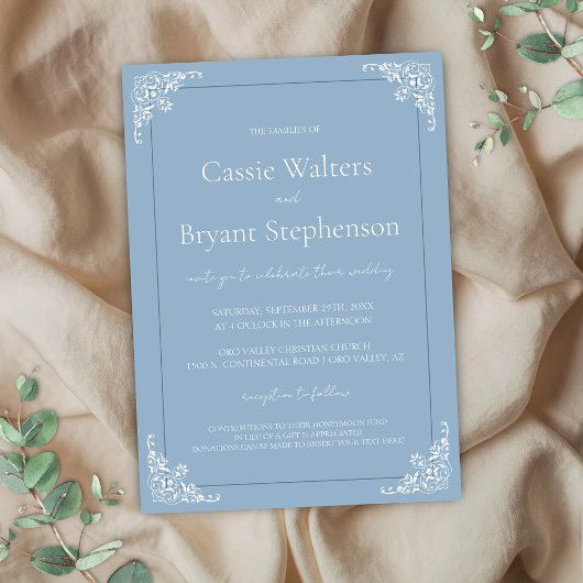 Dusty Blue Minimal Elegant Old Money Wedding Kaart