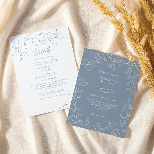 Dusty Blue Minimal Leaf Wedding Details Alles in é Kaart