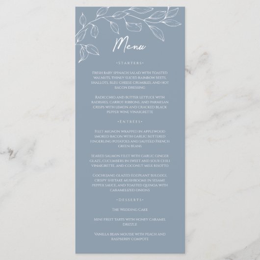 Dusty Blue Minimal Leaf Wedding Flat Menu (Voorkant)