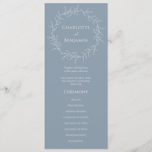 Dusty Blue Minimal Leaf Wedding Flat Programma Programmakaart (Voorkant)