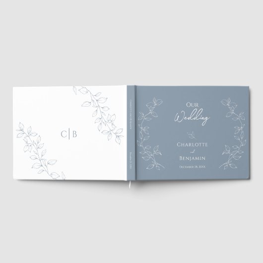 Dusty Blue Minimal Leaf Wedding Gastenboek (Volledig)