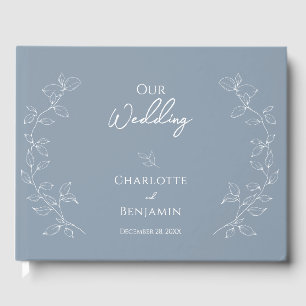Dusty Blue Minimal Leaf Wedding Gastenboek