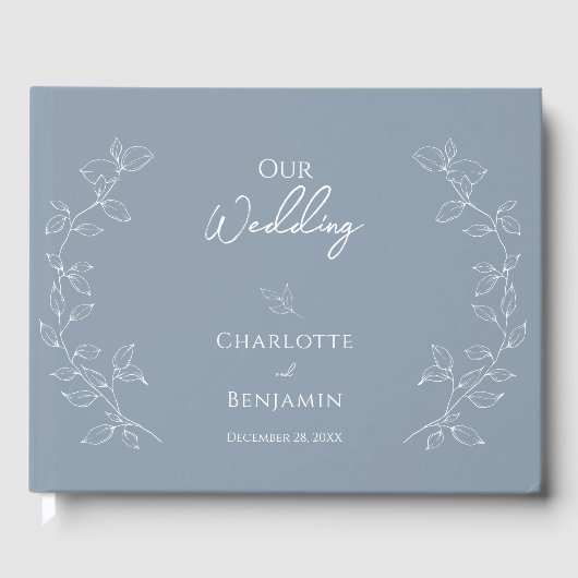 Dusty Blue Minimal Leaf Wedding Gastenboek (Voorkant)