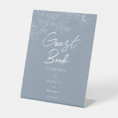 Dusty Blue Minimal Leaf Wedding Gastenboek Reclamebord Met Voetstuk (Voorkant)