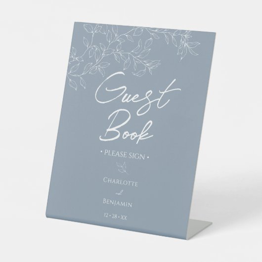 Dusty Blue Minimal Leaf Wedding Gastenboek Reclamebord Met Voetstuk (Voorkant)