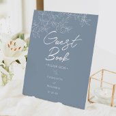 Dusty Blue Minimal Leaf Wedding Gastenboek Reclamebord Met Voetstuk