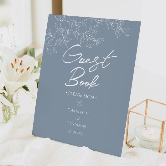 Dusty Blue Minimal Leaf Wedding Gastenboek Reclamebord Met Voetstuk