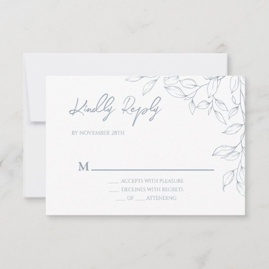 Dusty Blue Minimal Leaf Wedding RSVP (Voorkant)