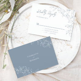 Dusty Blue Minimal Leaf Wedding RSVP Kaartje