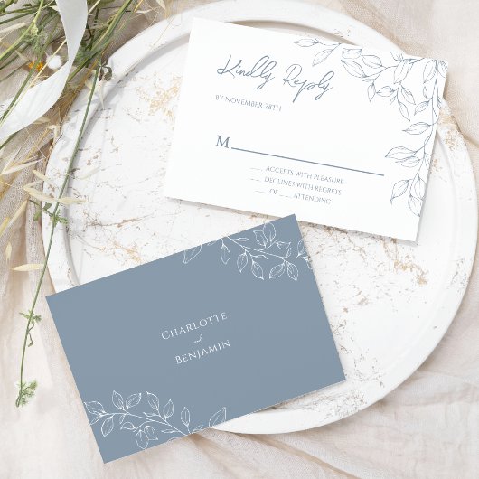Dusty Blue Minimal Leaf Wedding RSVP Kaartje