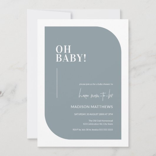 Dusty Blue Minimal Oh Baby shower Invitation Kaart (Voorkant)