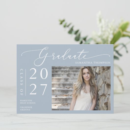 Dusty Blue Minimal Script School Afstuderen Foto Kaart (Staand voorkant)