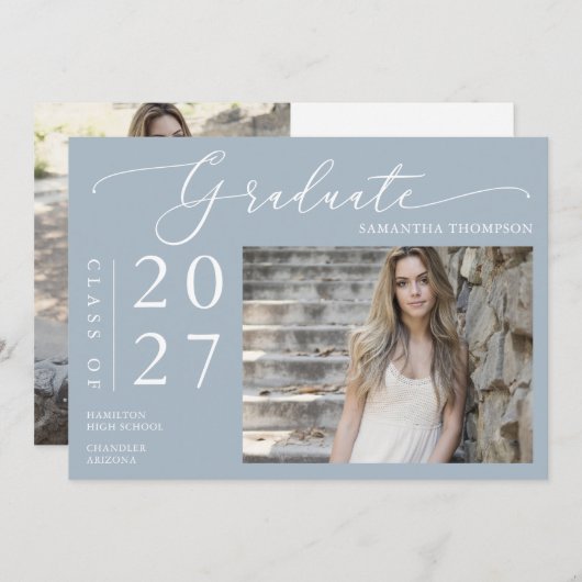 Dusty Blue Minimal Script School Afstuderen Foto Kaart (Voorkant / Achterkant)