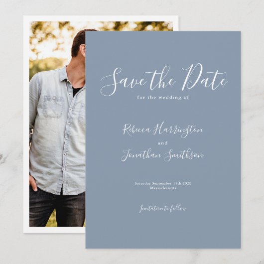 Dusty Blue Minimal Wedding Save the Date (Voorkant / Achterkant)