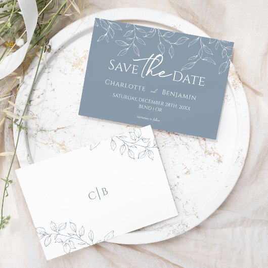 Dusty Blue minimale blad bruiloft Bewaar de datum Save The Date