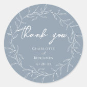 Dusty Blue minimale blad bruiloft dank u Ronde Sticker (Voorkant)