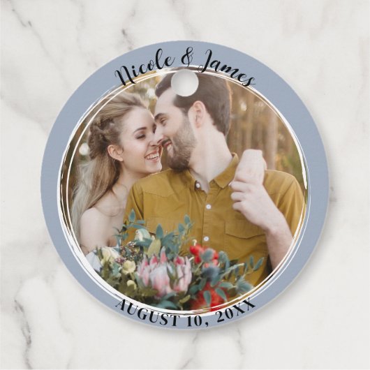 Dusty Blue minimale trendy ronde foto bruiloft Bedankjes Labels (Achterkant)