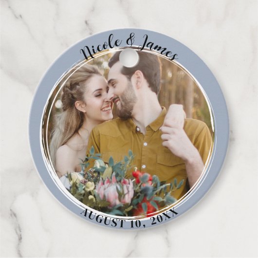 Dusty Blue minimale trendy ronde foto bruiloft Bedankjes Labels (Voorkant)