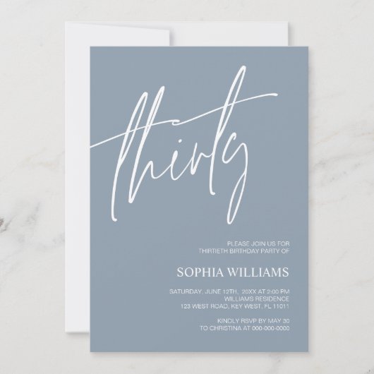 Dusty Blue Minimalist 30th Birthday Invitation Kaart (Voorkant)