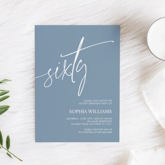 Dusty Blue Minimalist 60th Birthday Invitation Kaart