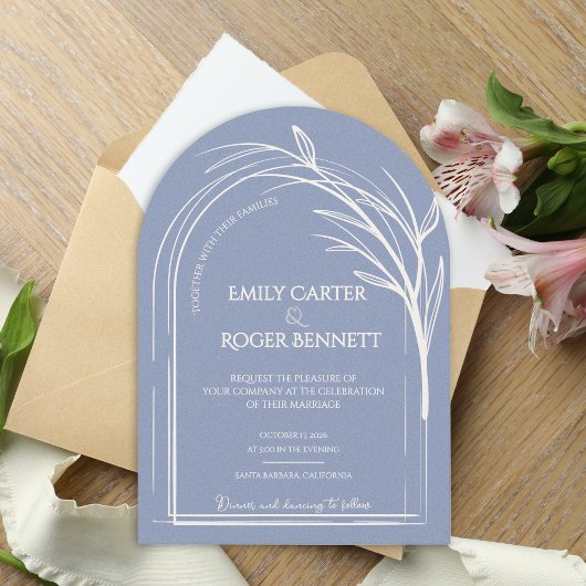 Dusty Blue Minimalist Arch Botanical Wedding Kaart
