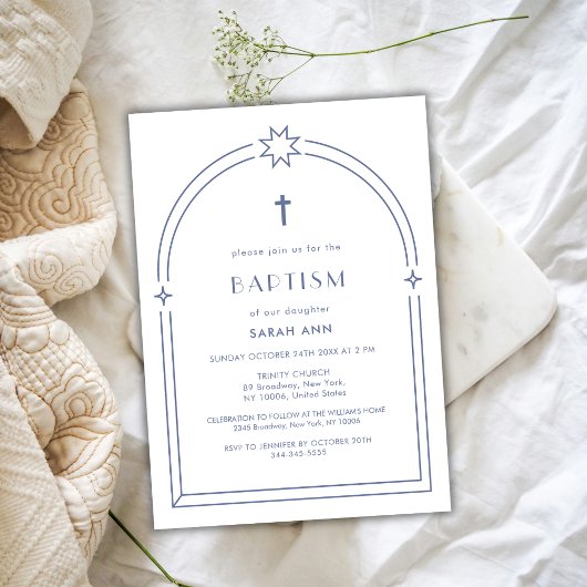 Dusty Blue Minimalist Boho Arch Cross Doop Kaart