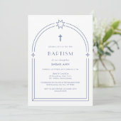 Dusty Blue Minimalist Boho Arch Cross Doop Kaart (Staand voorkant)