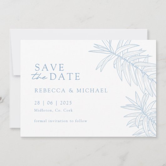 Dusty Blue Minimalist Botanical Bewaar de datum Save The Date (Voorkant)