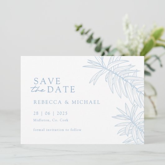 Dusty Blue Minimalist Botanical Bewaar de datum Save The Date (Staand voorkant)