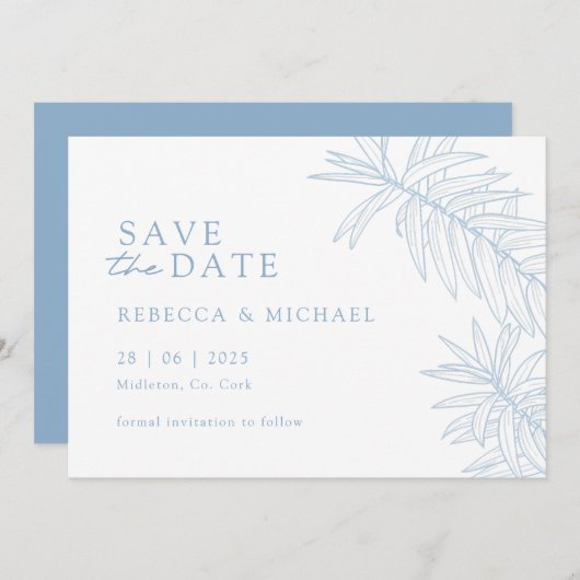 Dusty Blue Minimalist Botanical Bewaar de datum Save The Date (Voorkant / Achterkant)
