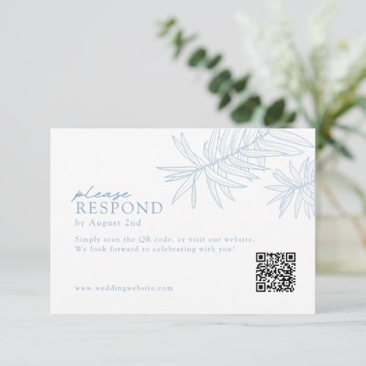 Dusty Blue Minimalist Botanical QR Code RSVP Kaartje (Staand voorkant)