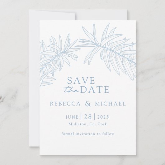 Dusty Blue Minimalist Botanical Save The Date (Voorkant)