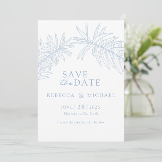 Dusty Blue Minimalist Botanical Save The Date (Staand voorkant)