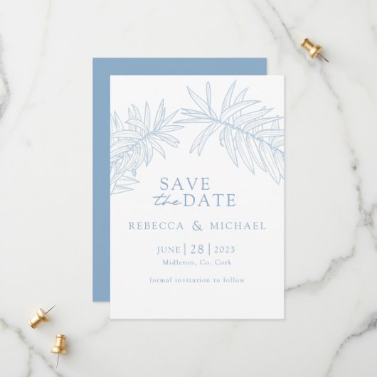 Dusty Blue Minimalist Botanical Save The Date (Voorkant / Achterkant in situ)