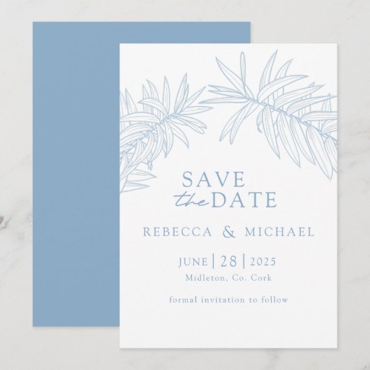 Dusty Blue Minimalist Botanical Save The Date (Voorkant / Achterkant)