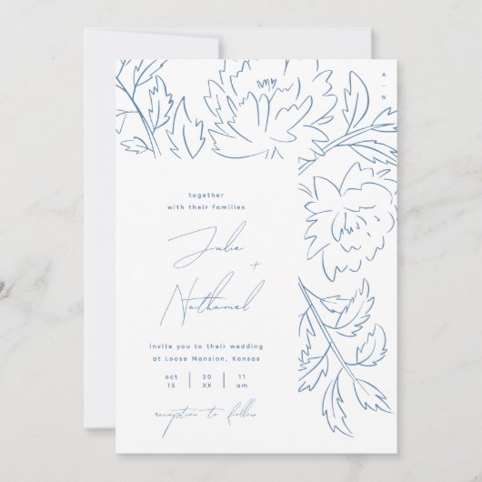 Dusty Blue Minimalist Botanical Wedding Kaart (Voorkant)