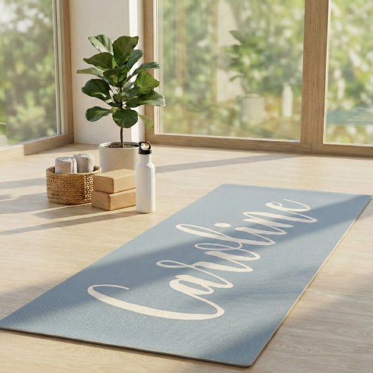Dusty Blue Minimalist Calligraphy Personalized Yogamat