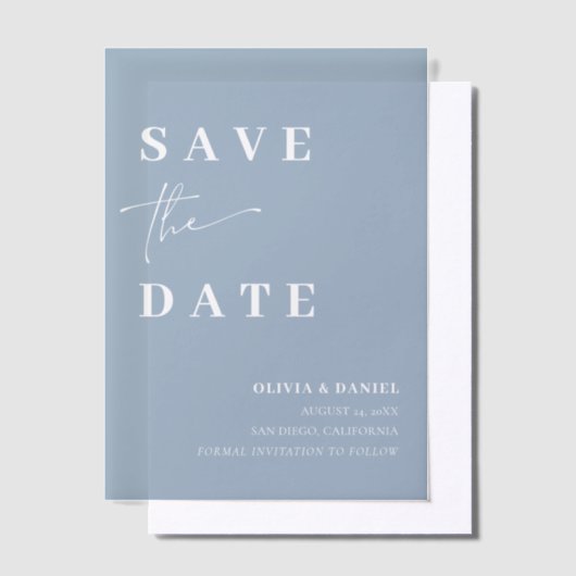 Dusty Blue Minimalist Elegant Photo Save the Date Vellum Uitnodigingen (Offset)