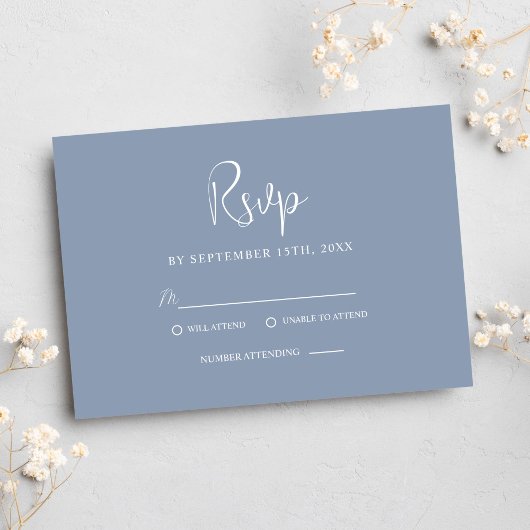 Dusty Blue Minimalist Modern Elegant Wedding RSVP Kaartje