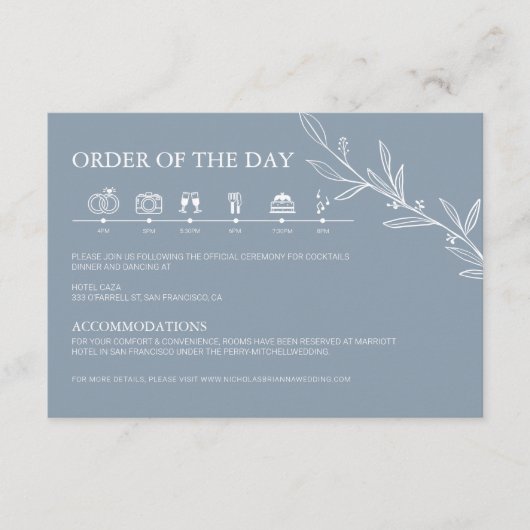 Dusty Blue Minimalist Modern Wedding Timeline Informatiekaartje (Voorkant)