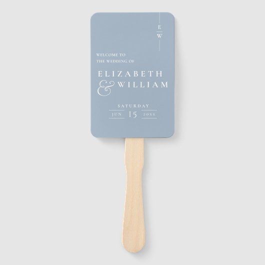 Dusty Blue Minimalist Monogram Huwelijksprogramma Handwaaier (Voorkant)