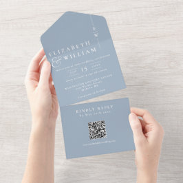 Dusty Blue Minimalist Monogram QR Code Wedding All In One Uitnodiging