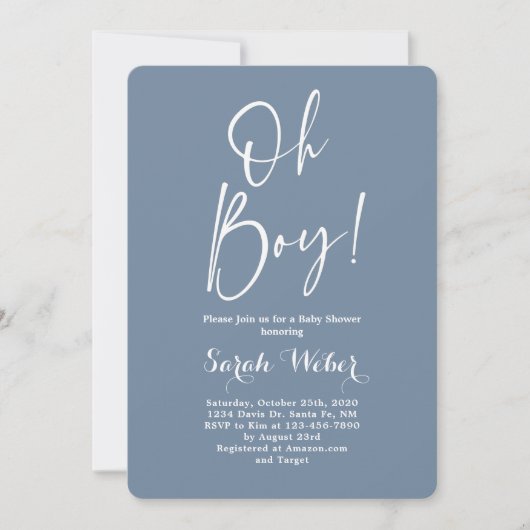 Dusty Blue minimalist Oh baby shower uitnodiging (Voorkant)