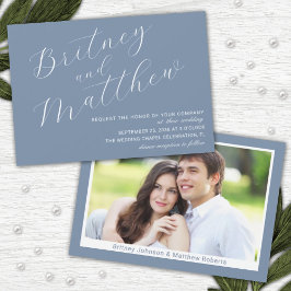Dusty Blue Minimalist Photo Elegant Script Wedding Kaart