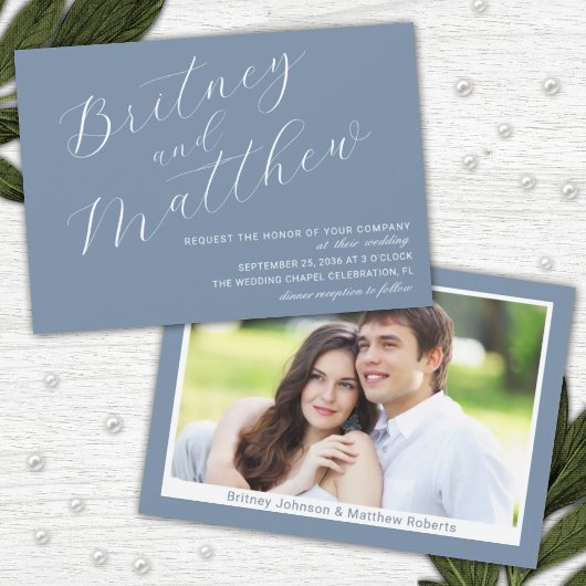Dusty Blue Minimalist Photo Elegant Script Wedding Kaart