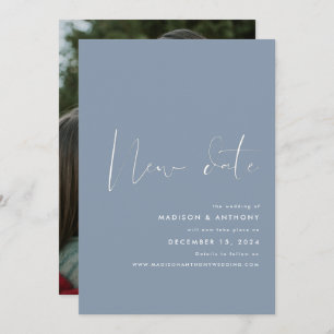 Dusty Blue Minimalist Photo New Date Wedding Aankondiging